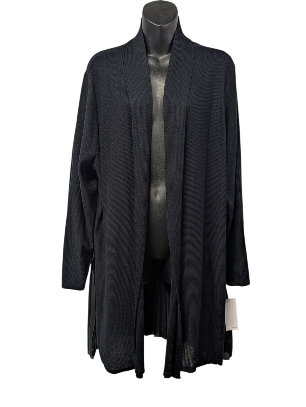 fever Black Knit Open Front Pleated Chiffon Hem Cardigan Sweater Plus Sz 3X NWT